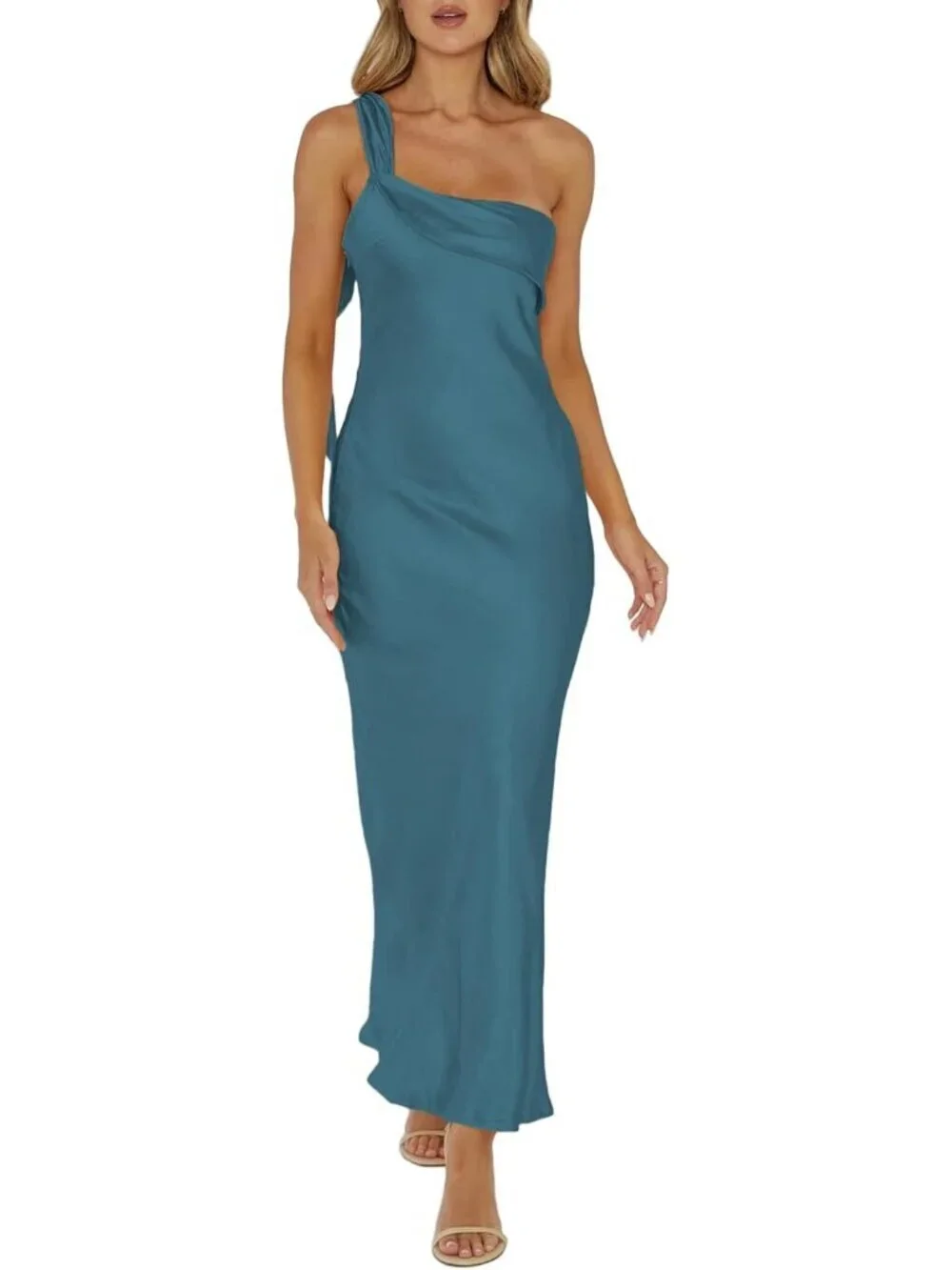 Women's Lake Blue Summer Silk Formal Elegant Sleeveless ONE Shoulder Maxi Dress